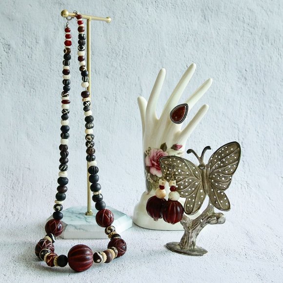 Jewelry - Handmade African Tribal chunky Beaded Boho Necklace, Earrings, and Gemstone ring